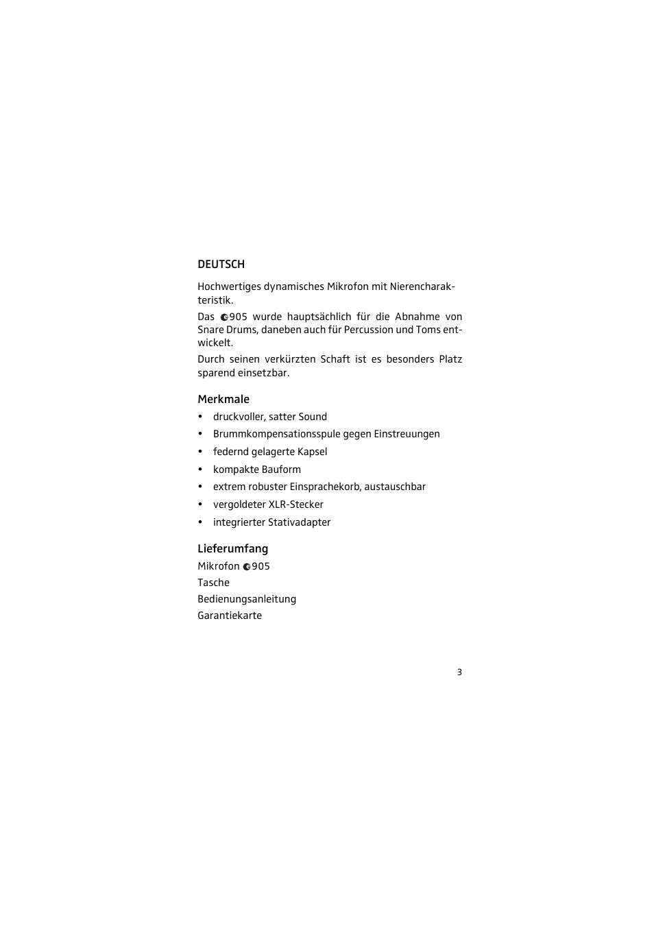 Deutsch, Merkmale, Lieferumfang | Sennheiser 905 User Manual | Page 3 / 40