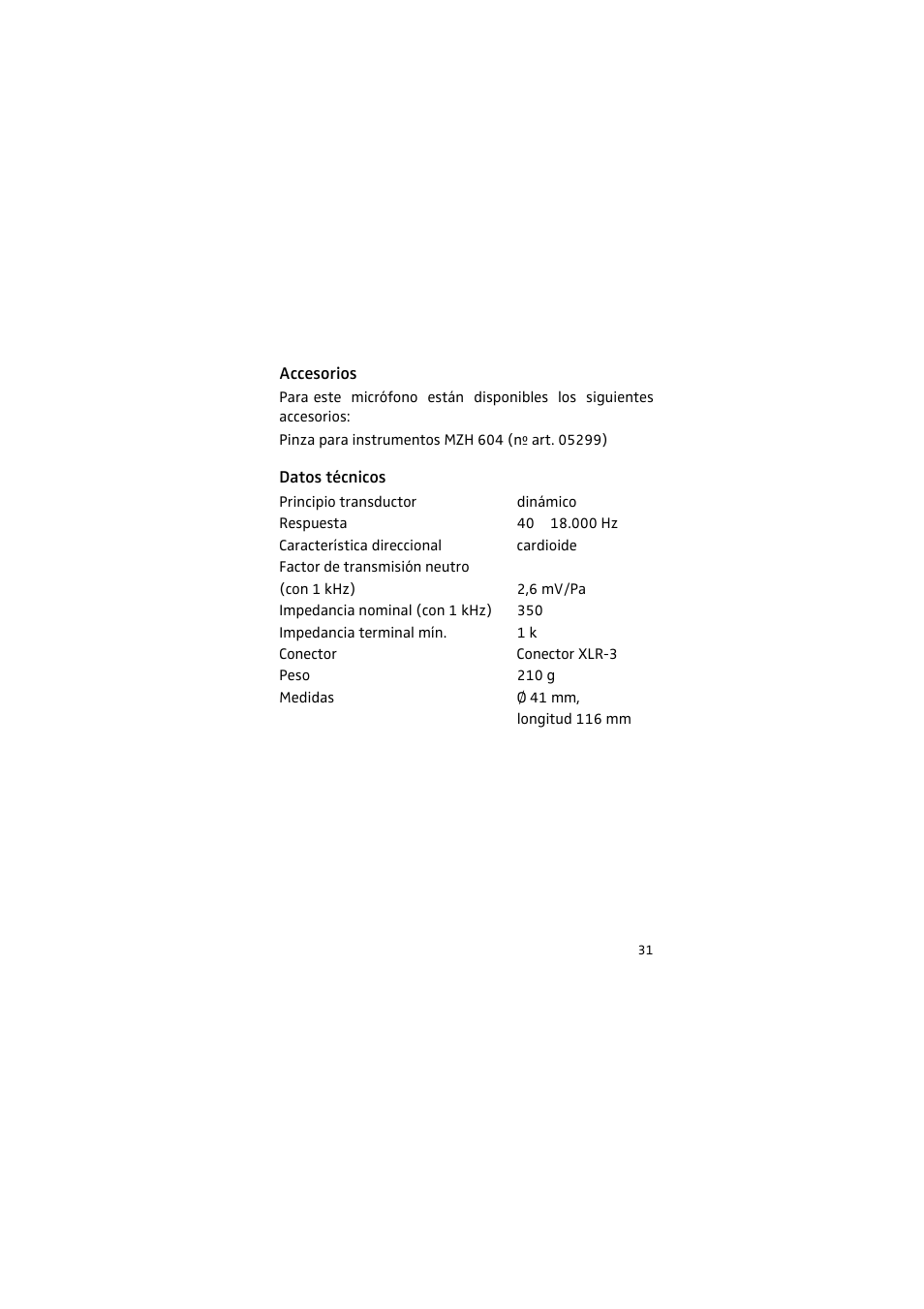 Accesorios, Datos técnicos | Sennheiser 905 User Manual | Page 31 / 40