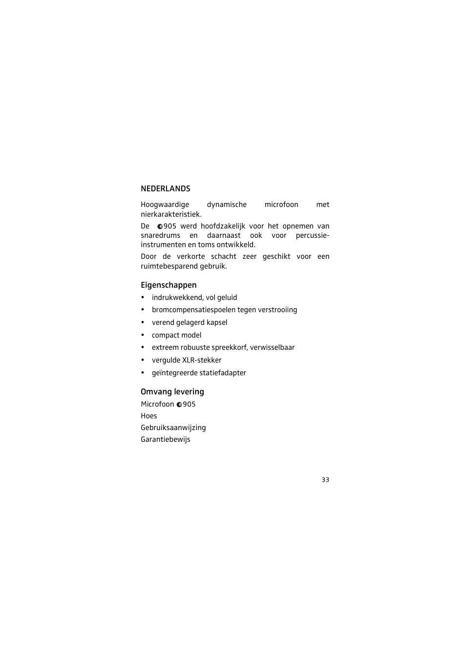 Nederlands, Eigenschappen, Omvang levering | Sennheiser 905 User Manual | Page 33 / 40
