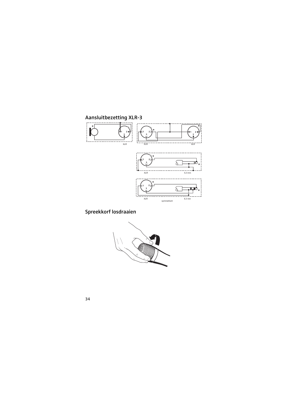 Aansluitbezetting xlr-3, Spreekkorf losdraaien, Aansluitbezetting xlr-3 spreekkorf losdraaien | Sennheiser 905 User Manual | Page 34 / 40