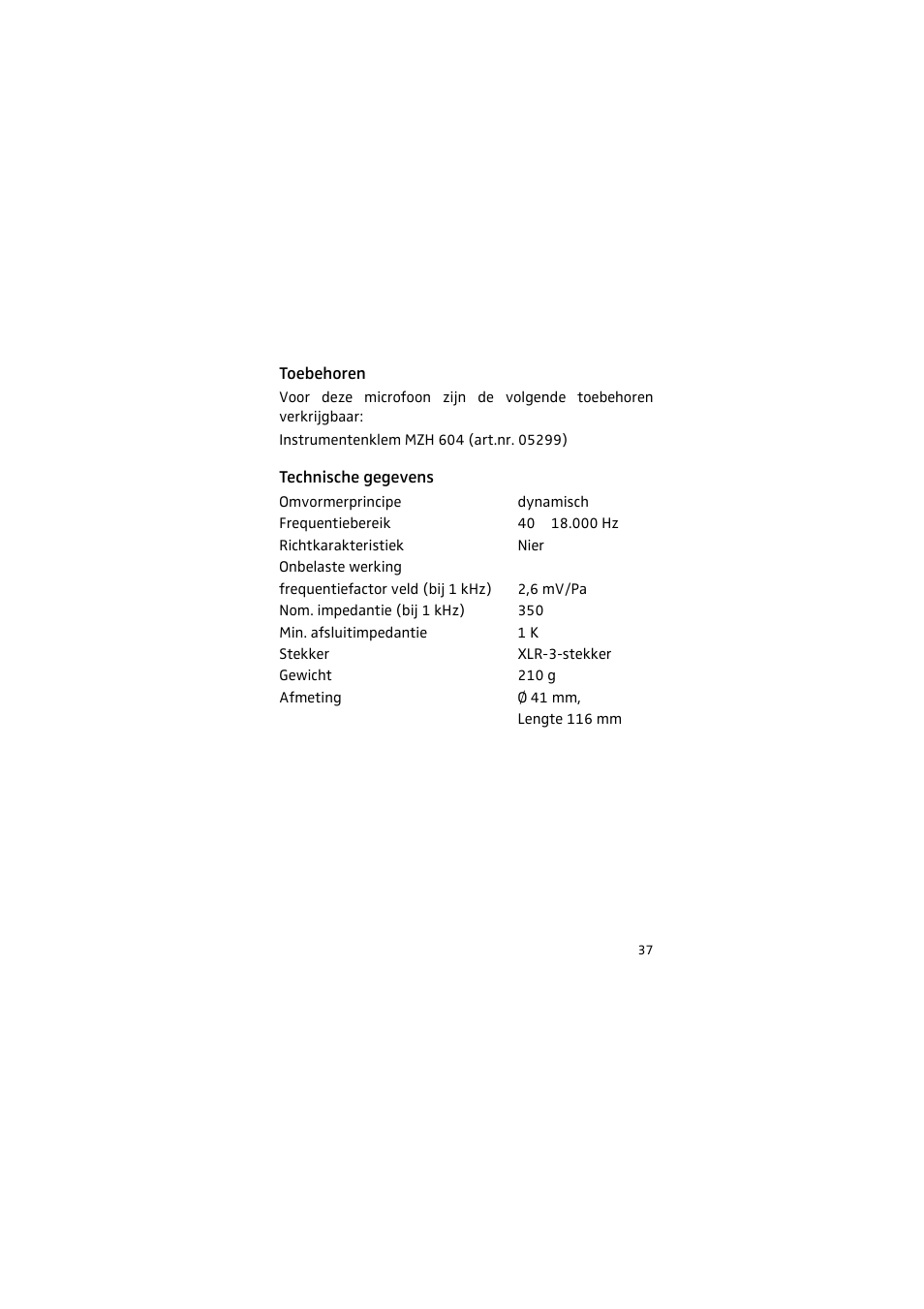 Toebehoren, Technische gegevens | Sennheiser 905 User Manual | Page 37 / 40