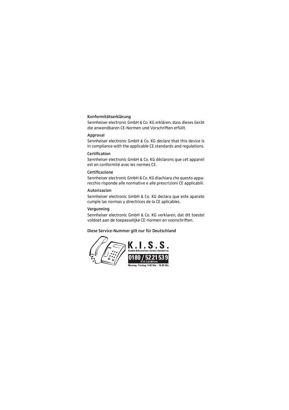 Konformitätserklärung, Approval, Certification | Certificazione, Autorizacion, Vergunning | Sennheiser 905 User Manual | Page 39 / 40
