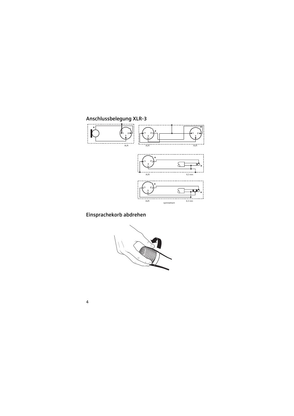 Anschlussbelegung xlr-3, Einsprachekorb abdrehen, Anschlussbelegung xlr-3 einsprachekorb abdrehen | Sennheiser 905 User Manual | Page 4 / 40