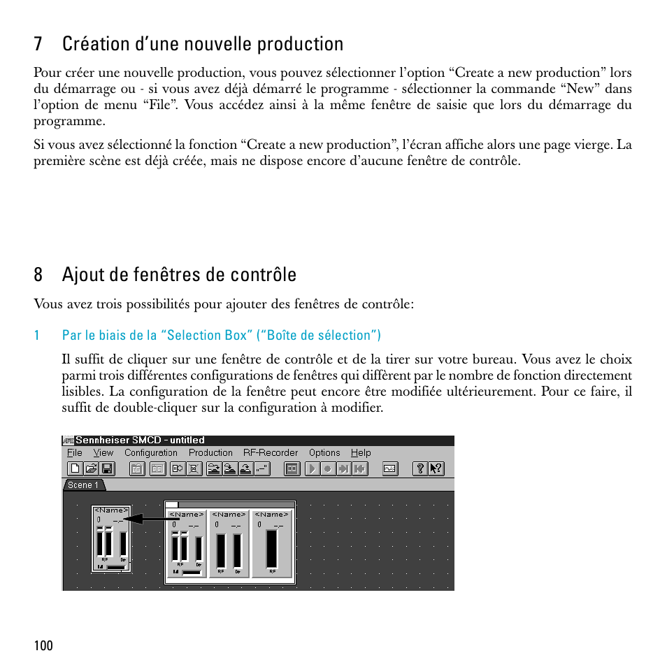 7 création d’une nouvelle production, 8 ajout de fenêtres de contrôle, 7création d’une nouvelle production | 8ajout de fenêtres de contrôle | Sennheiser S-MCD 3000 HP User Manual | Page 100 / 134