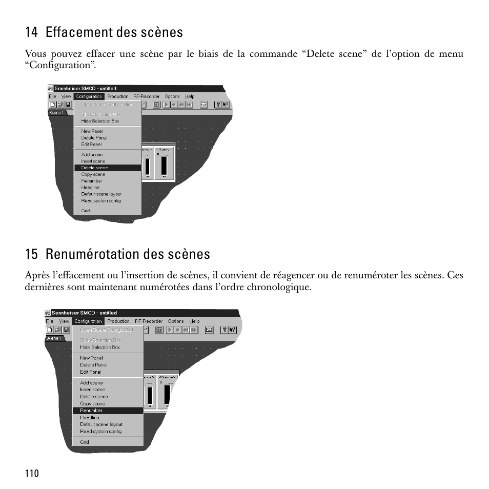 14 effacement des scènes, 15 renumérotation des scènes | Sennheiser S-MCD 3000 HP User Manual | Page 110 / 134