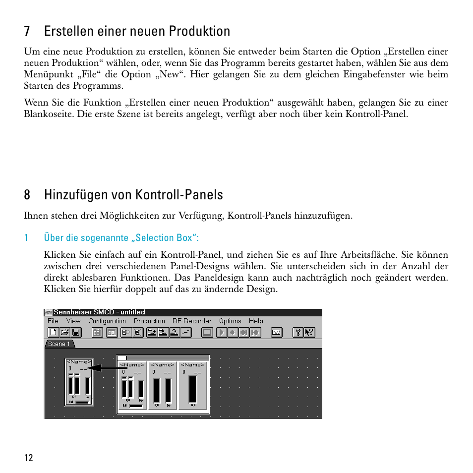 7 erstellen einer neuen produktion, 8 hinzufügen von kontroll-panels, 7erstellen einer neuen produktion | 8hinzufügen von kontroll-panels | Sennheiser S-MCD 3000 HP User Manual | Page 12 / 134