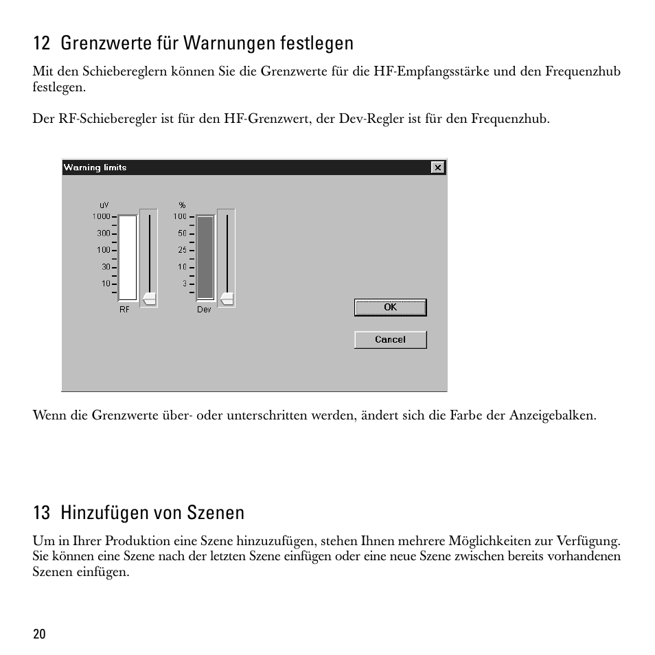 12 grenzwerte für warnungen festlegen, 13 hinzufügen von szenen | Sennheiser S-MCD 3000 HP User Manual | Page 20 / 134