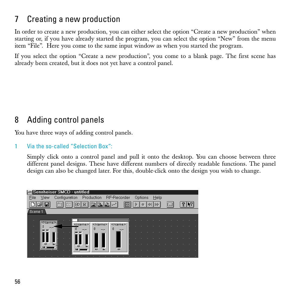 7 creating a new production, 8 adding control panels, 7creating a new production | 8adding control panels | Sennheiser S-MCD 3000 HP User Manual | Page 56 / 134