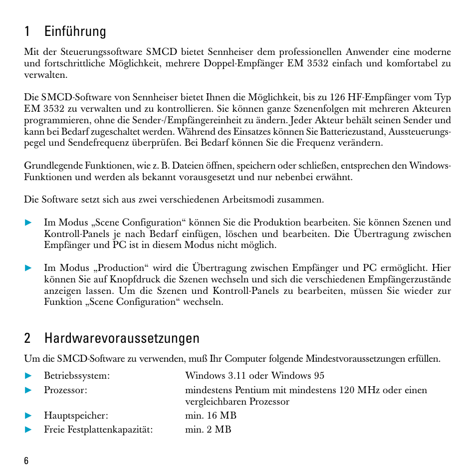 1 einführung, 2 hardwarevoraussetzungen, 1einführung | 2hardwarevoraussetzungen | Sennheiser S-MCD 3000 HP User Manual | Page 6 / 134