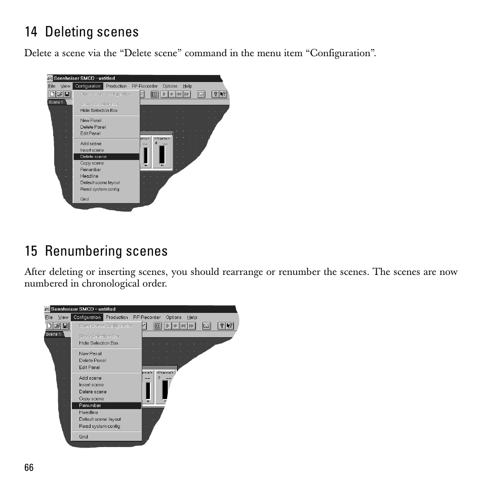 14 deleting scenes, 15 renumbering scenes | Sennheiser S-MCD 3000 HP User Manual | Page 66 / 134