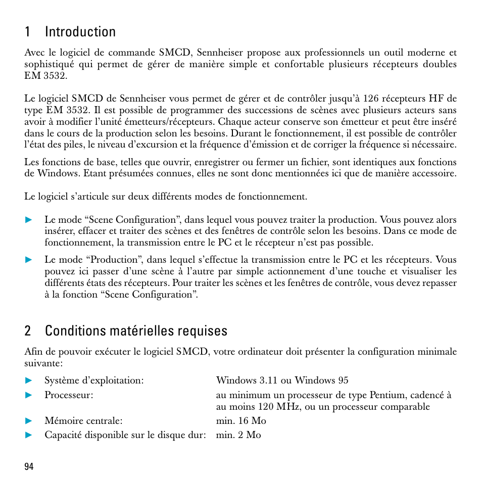 1 introduction, 2 conditions matérielles requises, 1introduction | 2conditions matérielles requises | Sennheiser S-MCD 3000 HP User Manual | Page 94 / 134