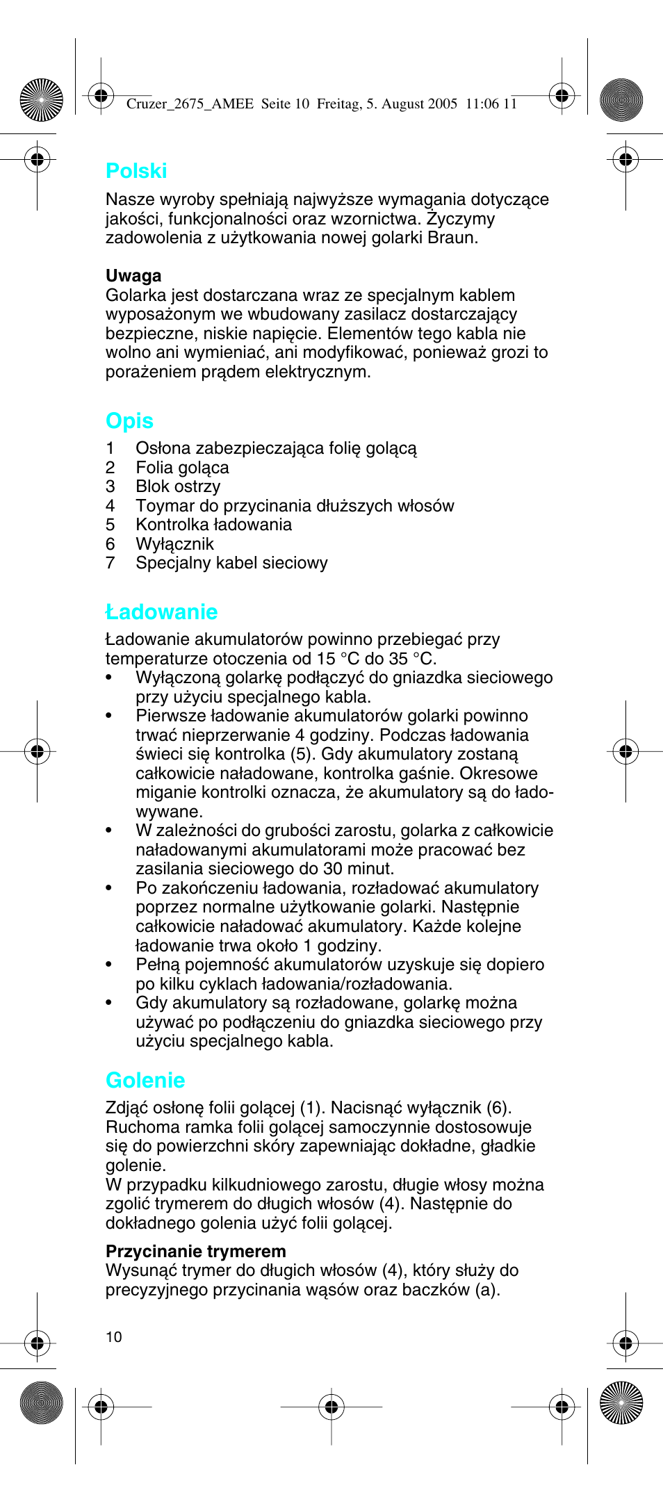 Polski, Opis, Adowanie | Golenie | Braun 2675 User Manual | Page 10 / 50