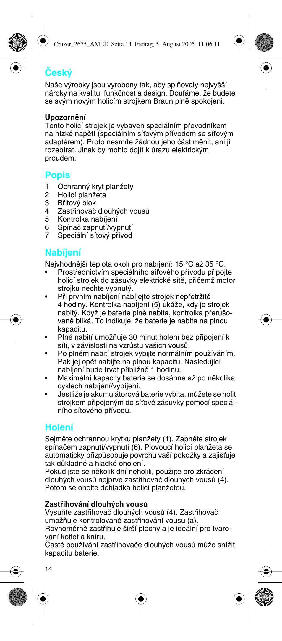 Âesk, Popis, Nabíjení | Holení | Braun 2675 User Manual | Page 14 / 50