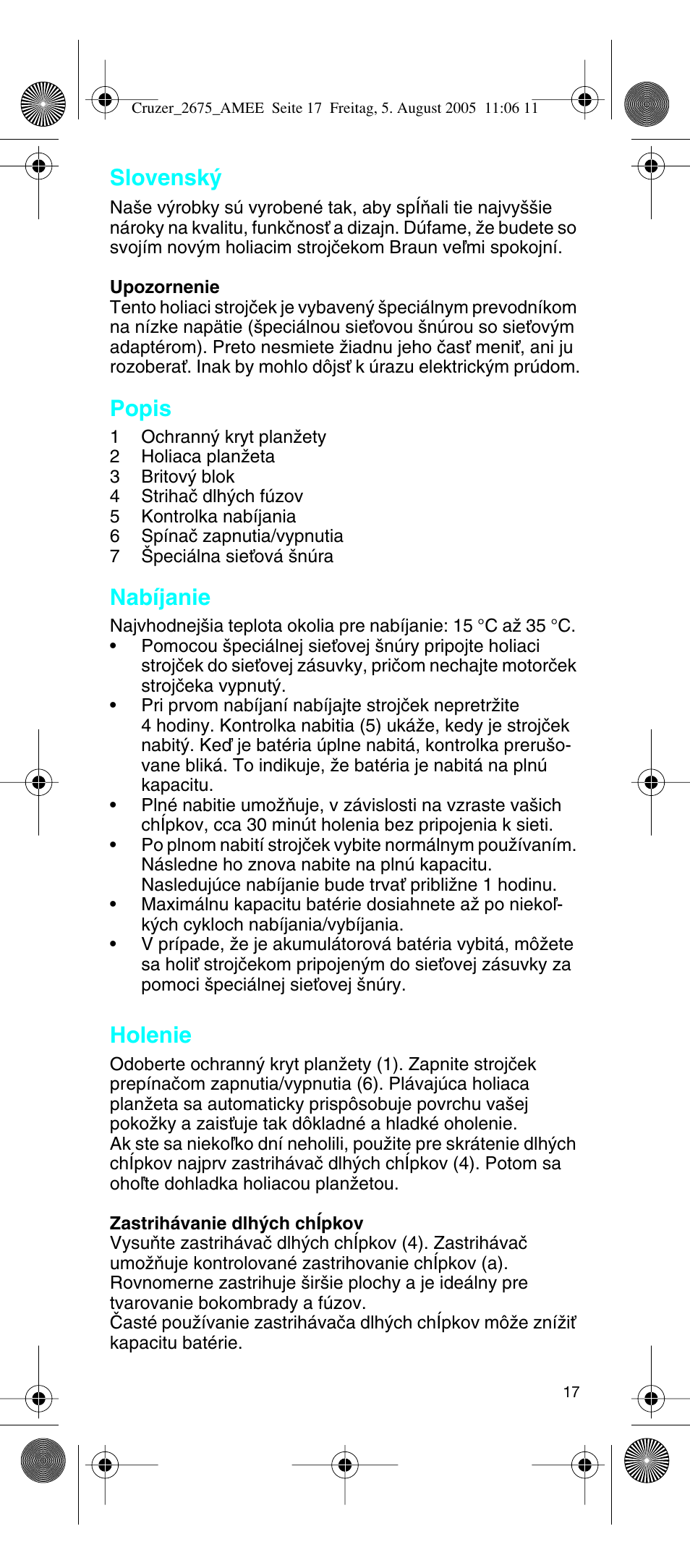 Slovensk, Popis, Nabíjanie | Holenie | Braun 2675 User Manual | Page 17 / 50