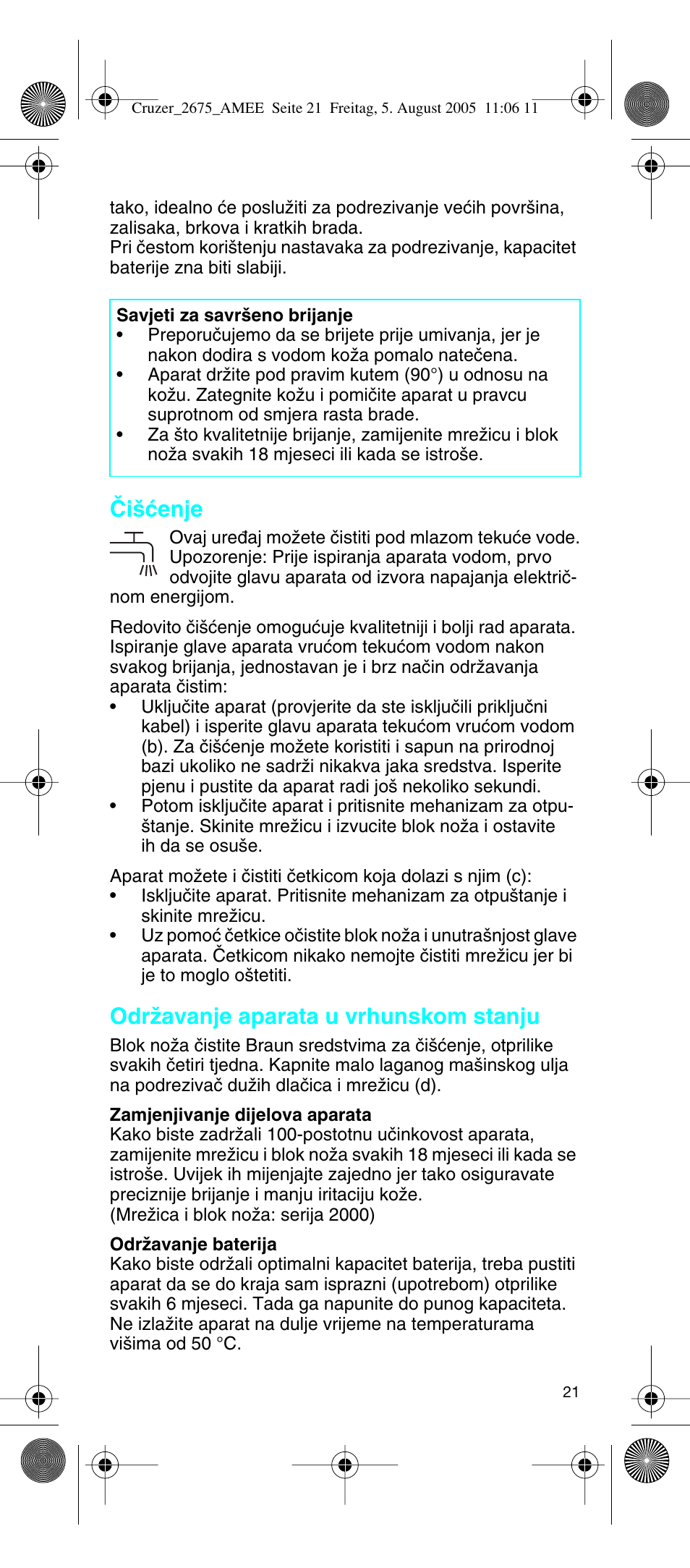 Âi‰çenje, Odrïavanje aparata u vrhunskom stanju | Braun 2675 User Manual | Page 21 / 50