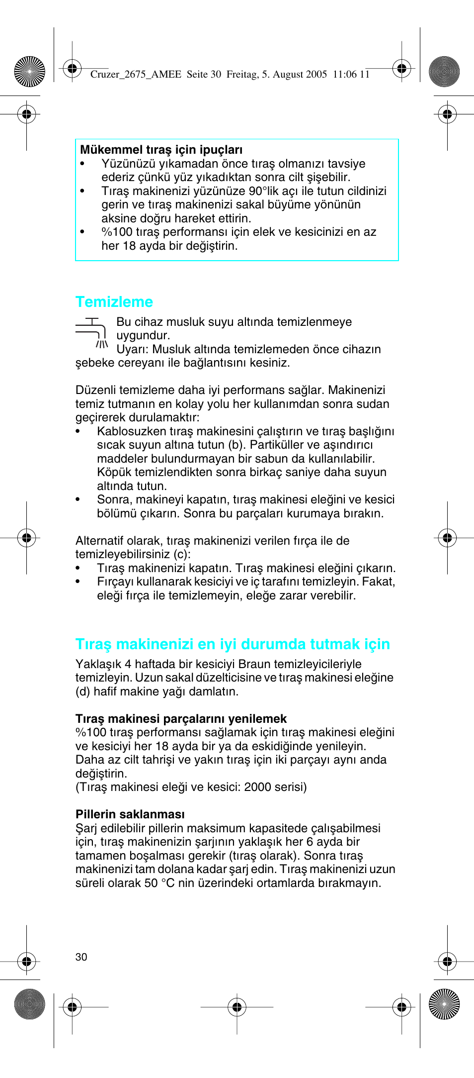 Temizleme, T∂raµ makinenizi en iyi durumda tutmak için | Braun 2675 User Manual | Page 30 / 50