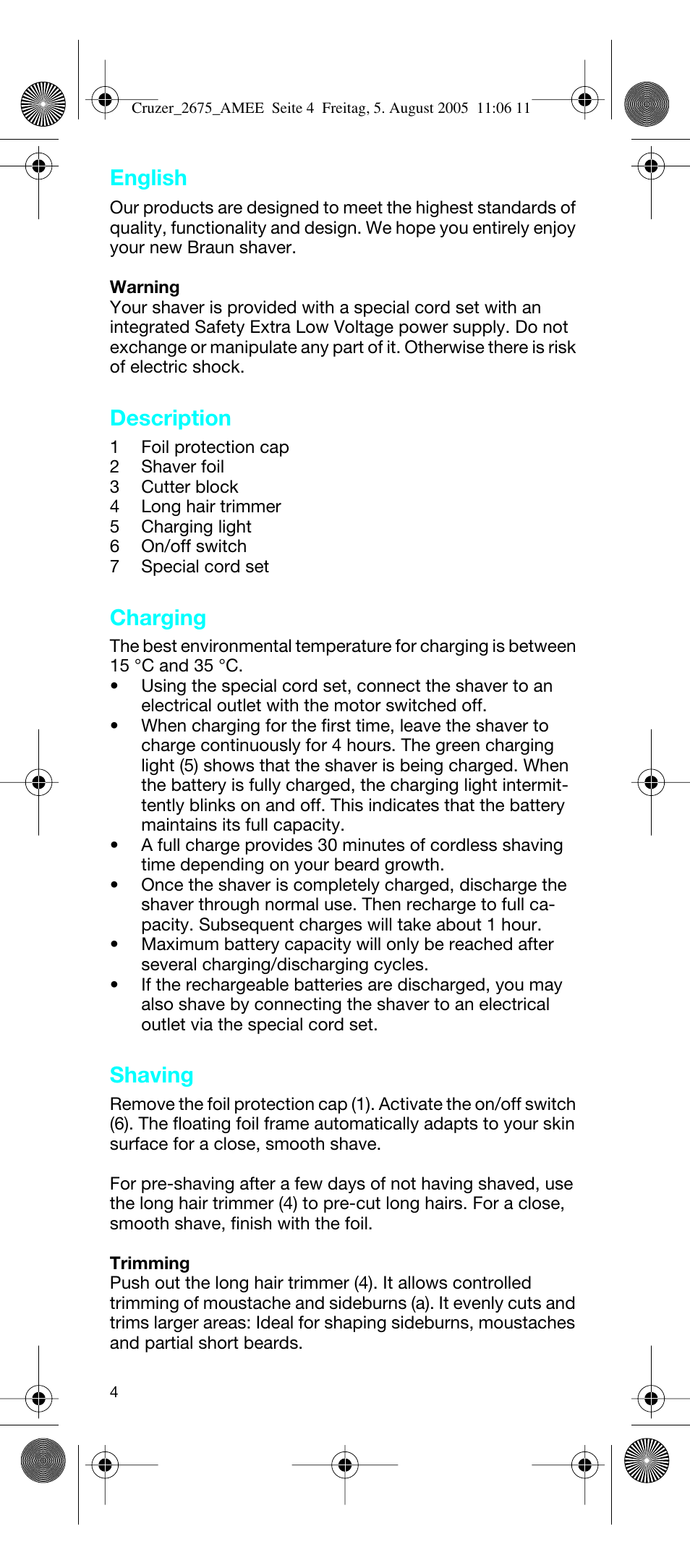 Description, Charging, Shaving | English | Braun 2675 User Manual | Page 4 / 50