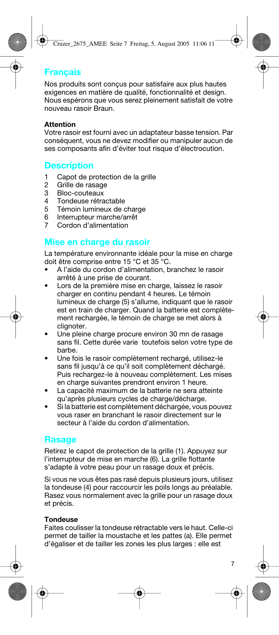 Français, Description, Mise en charge du rasoir | Rasage | Braun 2675 User Manual | Page 7 / 50
