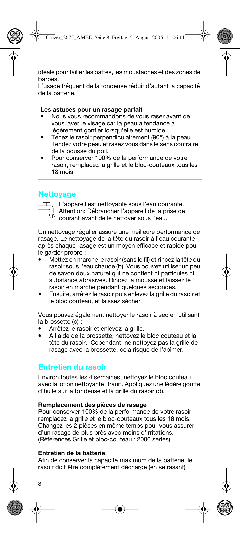 Nettoyage, Entretien du rasoir | Braun 2675 User Manual | Page 8 / 50