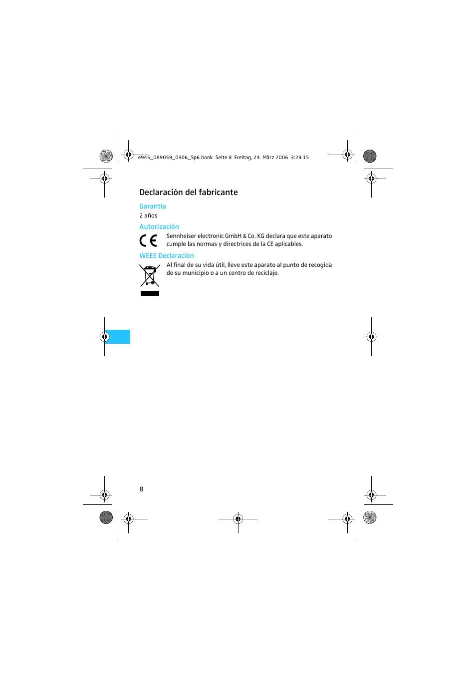 Declaración del fabricante | Sennheiser Evolution e 912 User Manual | Page 8 / 10