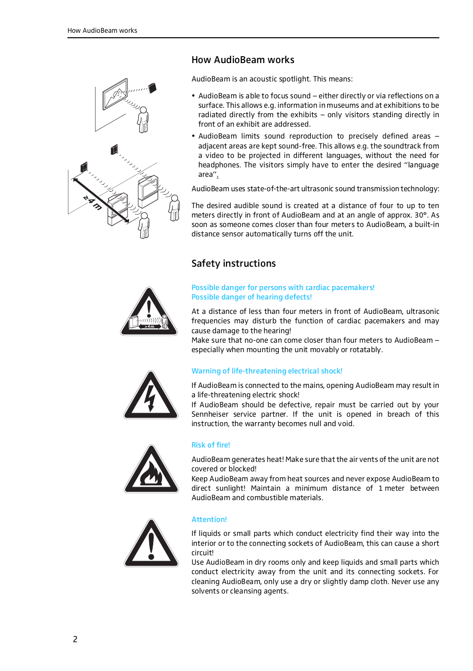 How audiobeam works, Safety instructions, Warning of life-threatening electrical shock | Risk of fire, Attention | Sennheiser Work Light User Manual | Page 3 / 10