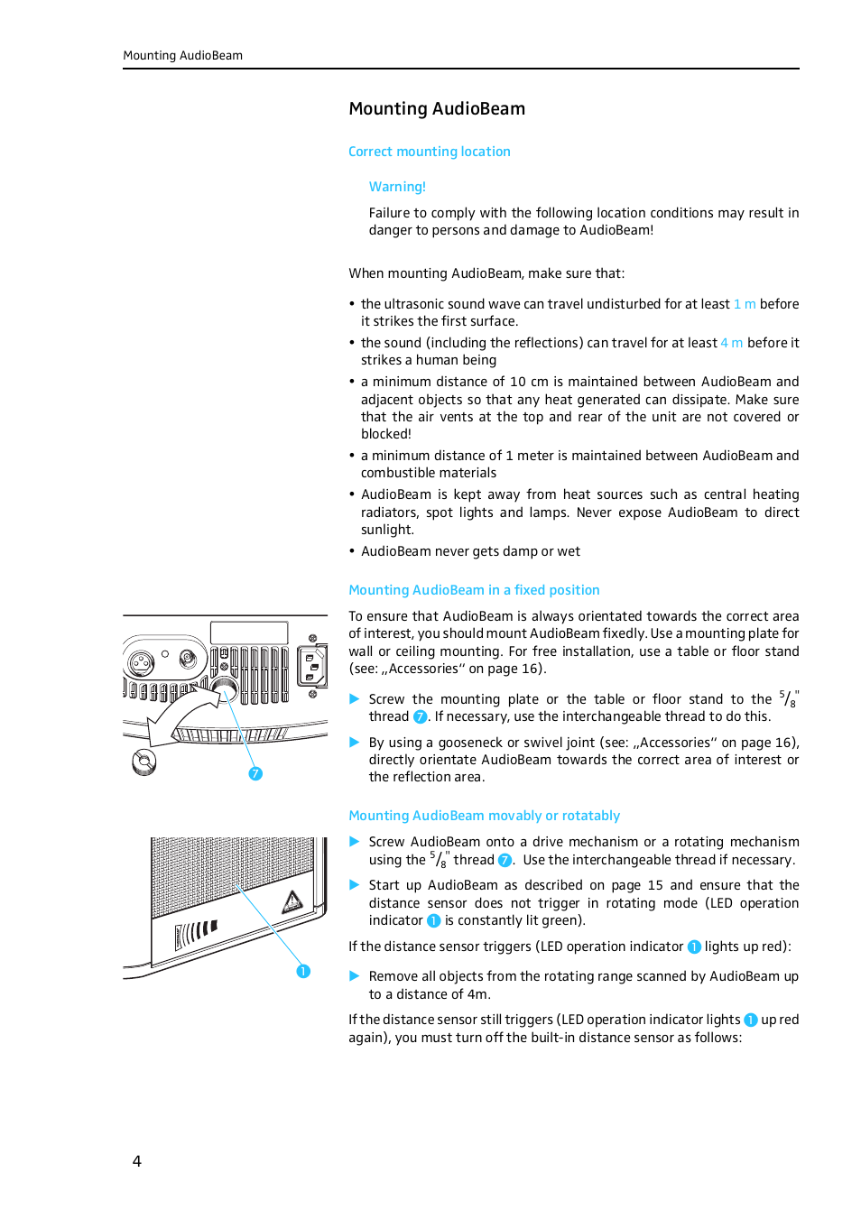 Mounting audiobeam, Correct mounting location, Mounting audiobeam in a fixed position | Mounting audiobeam movably or rotatably | Sennheiser Work Light User Manual | Page 5 / 10