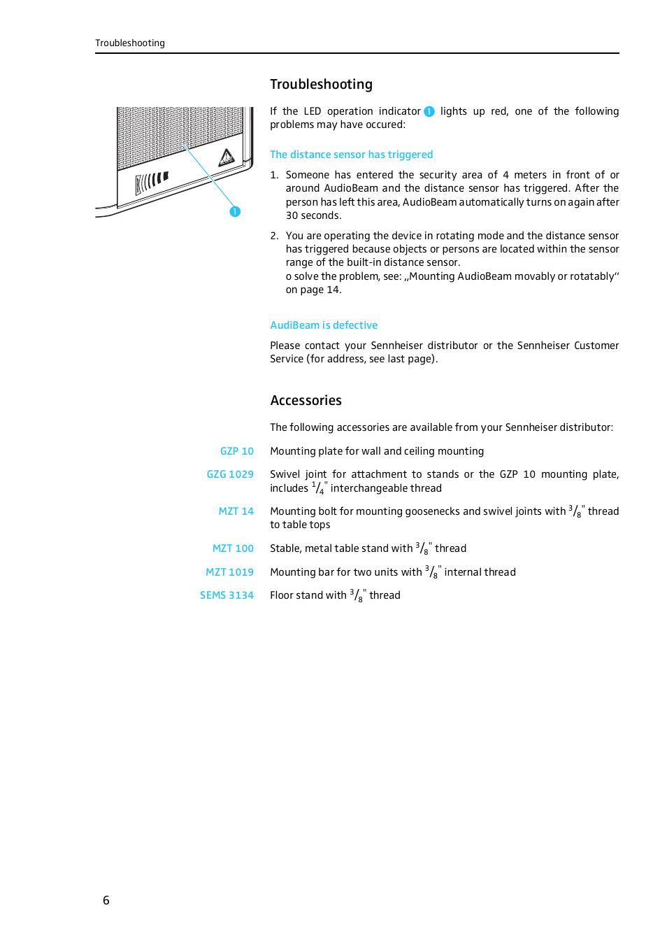 Troubleshooting, The distance sensor has triggered, Audibeam is defective | Accessories | Sennheiser Work Light User Manual | Page 7 / 10