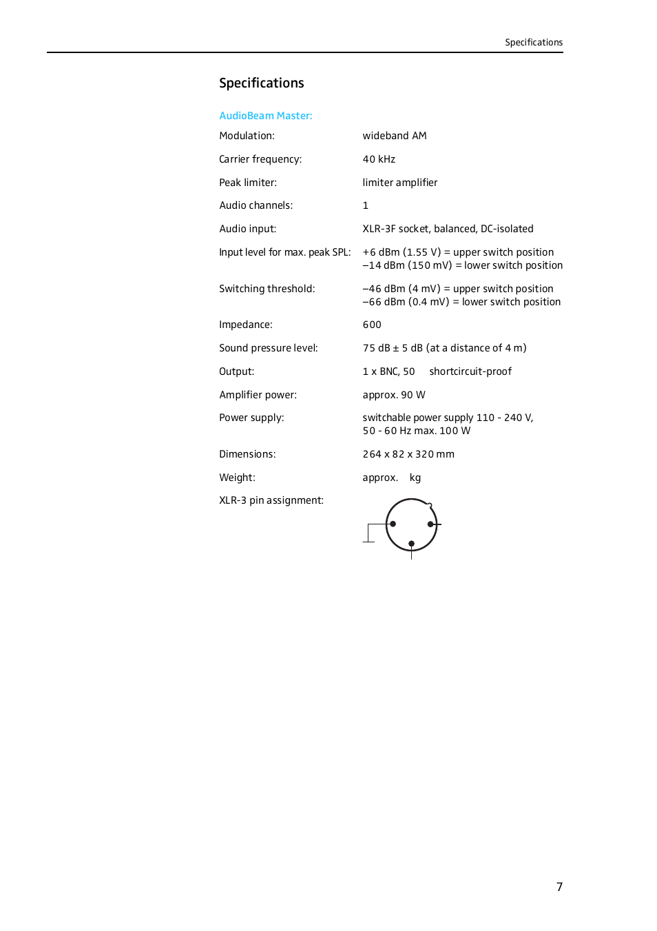 Specifications, Audiobeam master | Sennheiser Work Light User Manual | Page 8 / 10