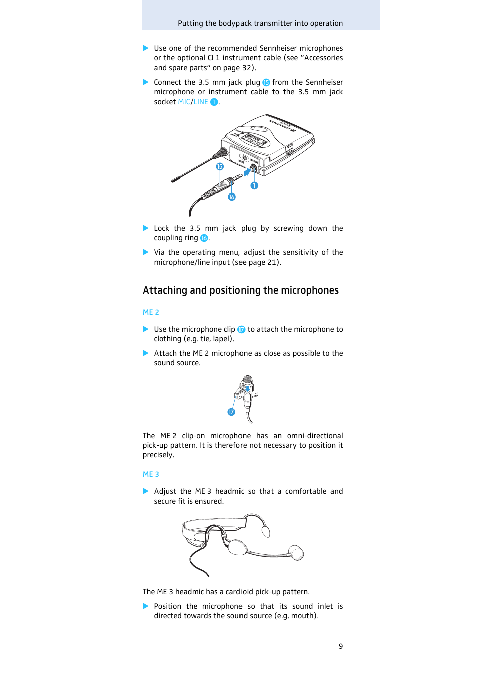 Attaching and positioning the microphones | Sennheiser SK 500 G3 User Manual | Page 10 / 42