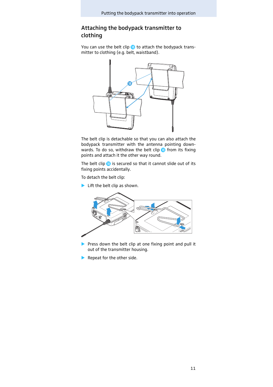 Attaching the bodypack transmitter to clothing | Sennheiser SK 500 G3 User Manual | Page 12 / 42