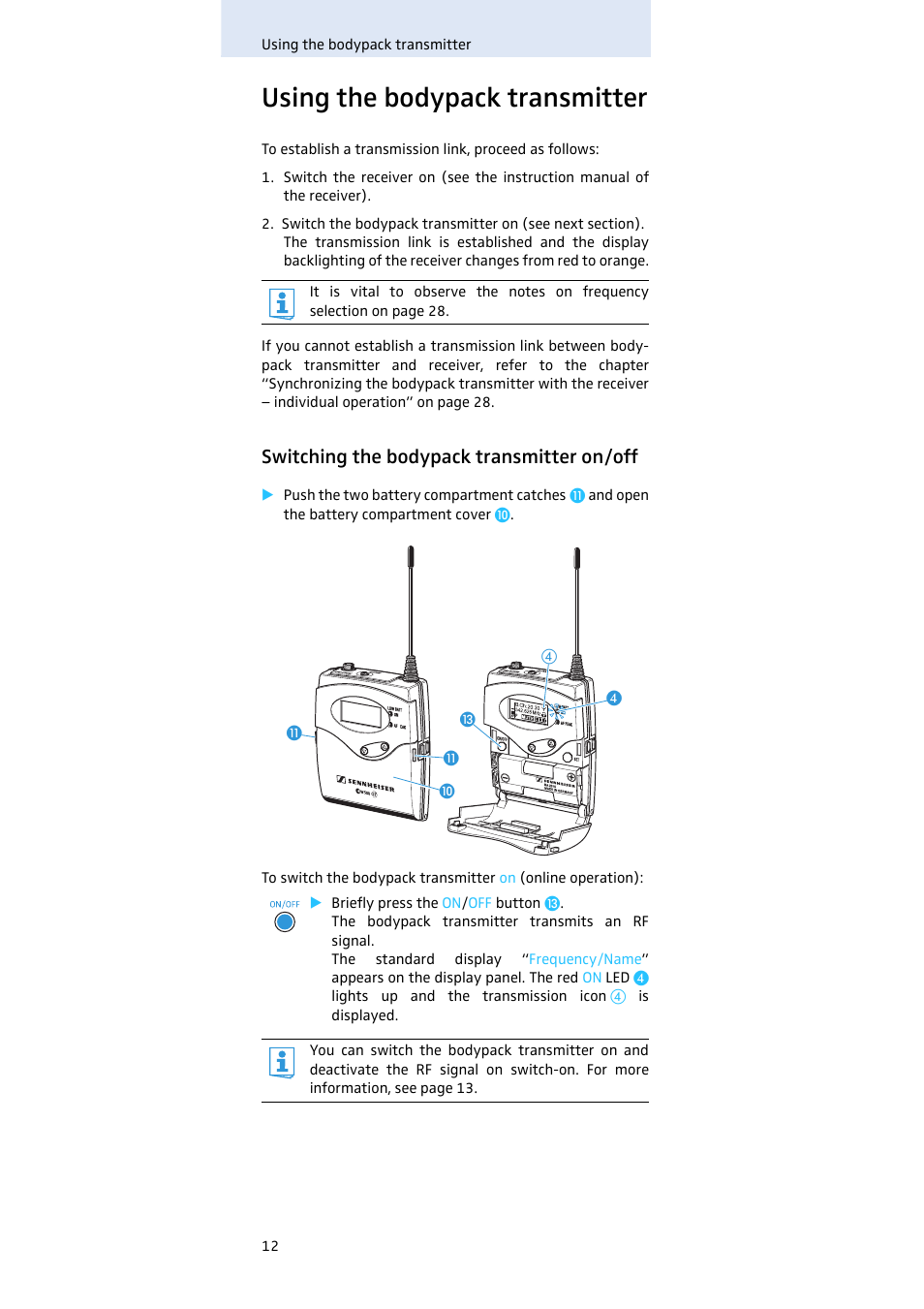 Using the bodypack transmitter, Switching the bodypack transmitter on/off | Sennheiser SK 500 G3 User Manual | Page 13 / 42