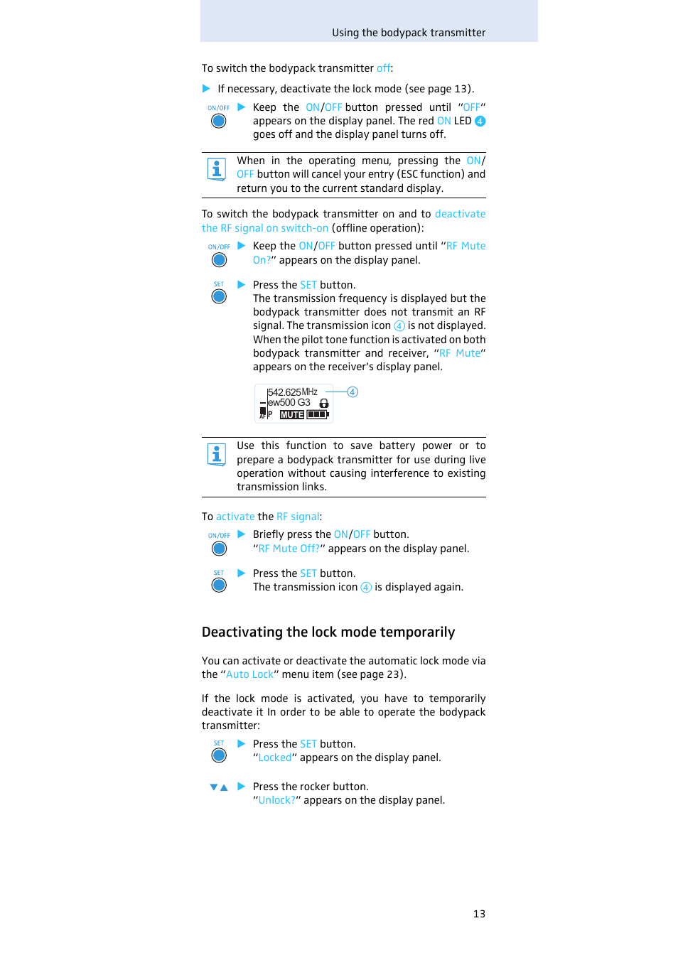 Deactivating the lock mode temporarily | Sennheiser SK 500 G3 User Manual | Page 14 / 42
