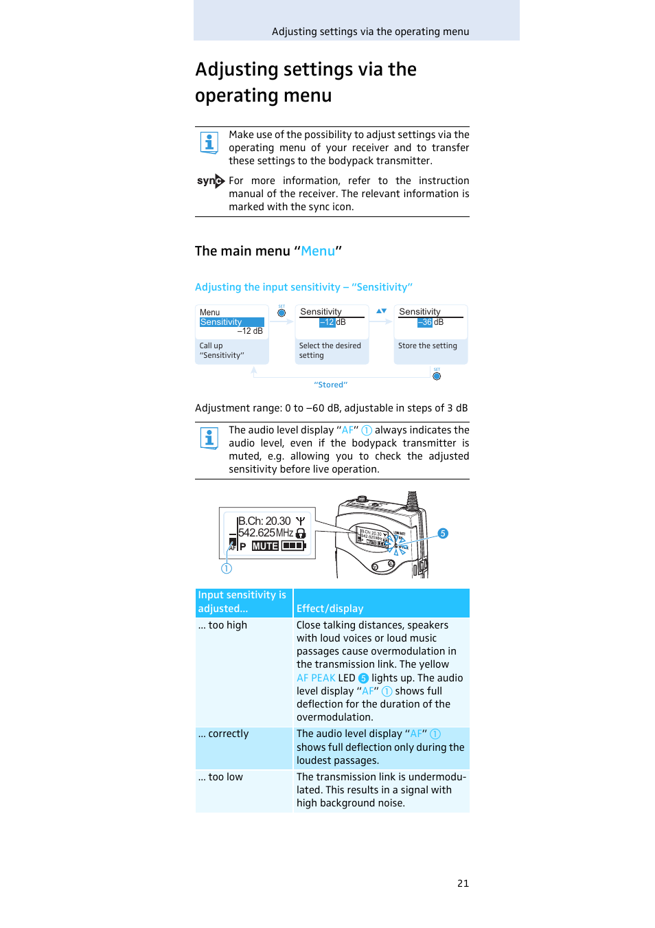 Adjusting settings via the operating menu, The main menu “menu, The main menu “ menu | Sennheiser SK 500 G3 User Manual | Page 22 / 42