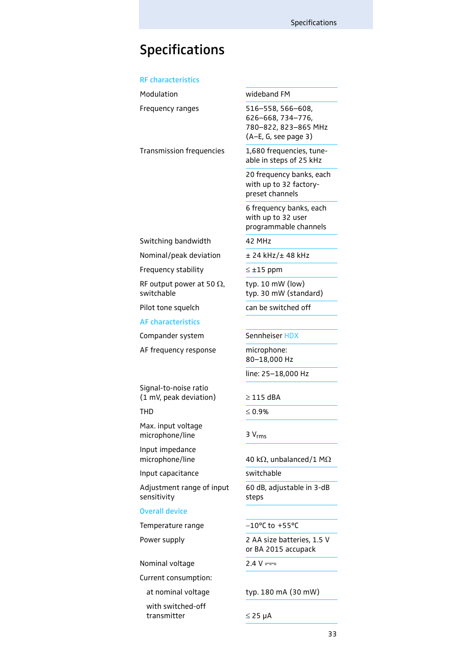 Specifications | Sennheiser SK 500 G3 User Manual | Page 34 / 42