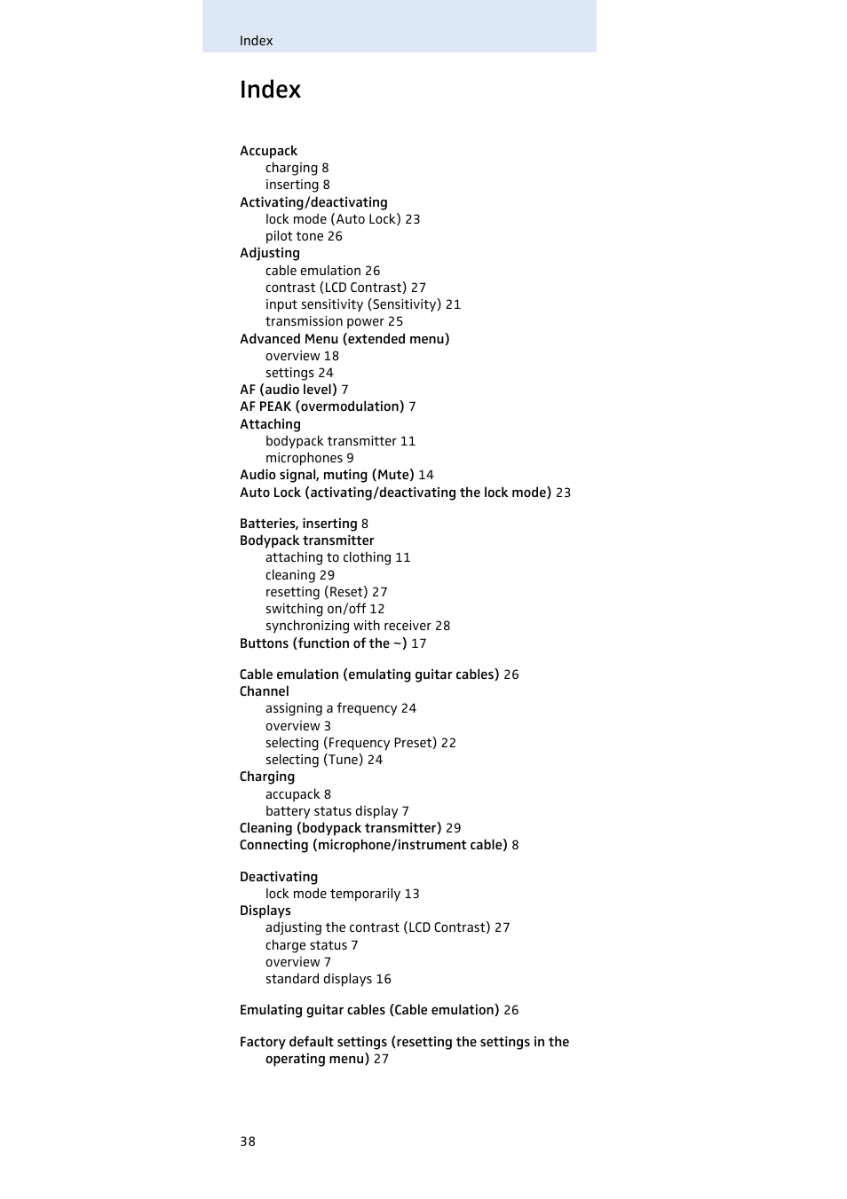 Index | Sennheiser SK 500 G3 User Manual | Page 39 / 42