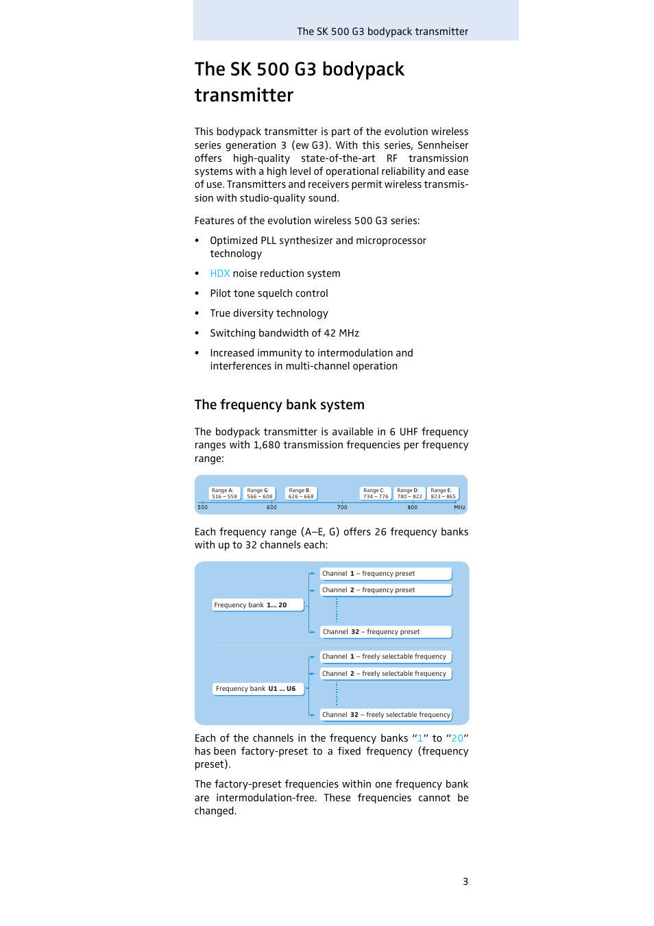 The sk 500 g3 bodypack transmitter, The frequency bank system | Sennheiser SK 500 G3 User Manual | Page 4 / 42