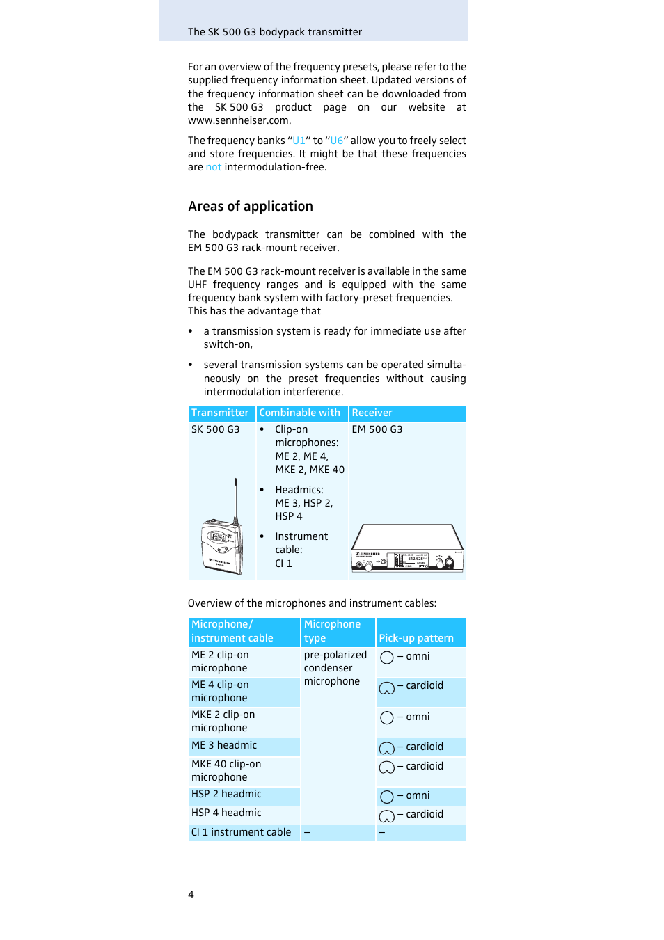 Areas of application | Sennheiser SK 500 G3 User Manual | Page 5 / 42