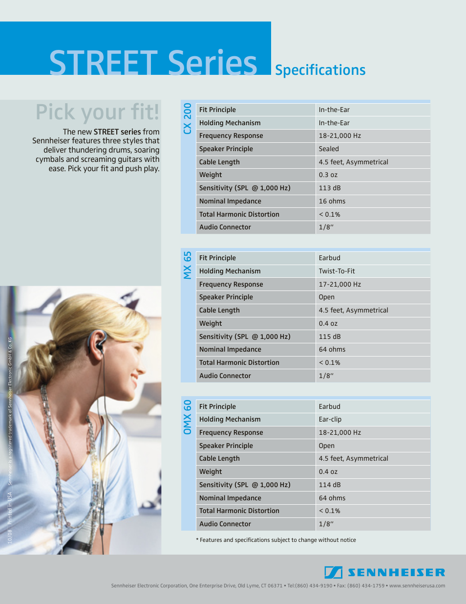 Street series, Pick your fit, Specifications | Sennheiser CX200 User Manual | Page 2 / 2