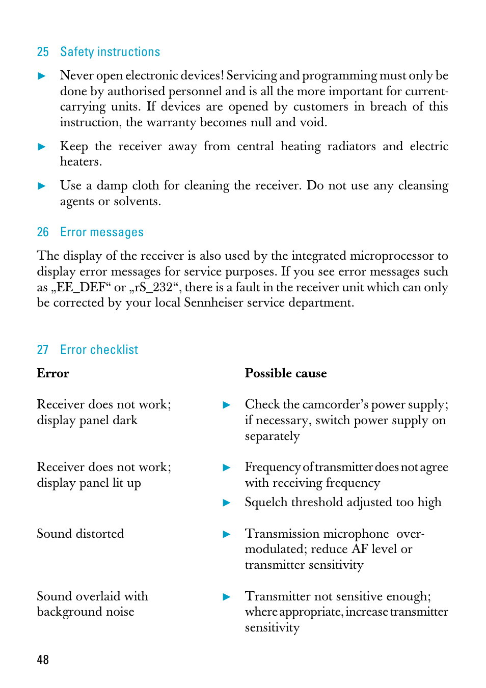 25 safety instructions, 26 error messages, 27 error checklist | Sennheiser EK 3041-U User Manual | Page 22 / 25