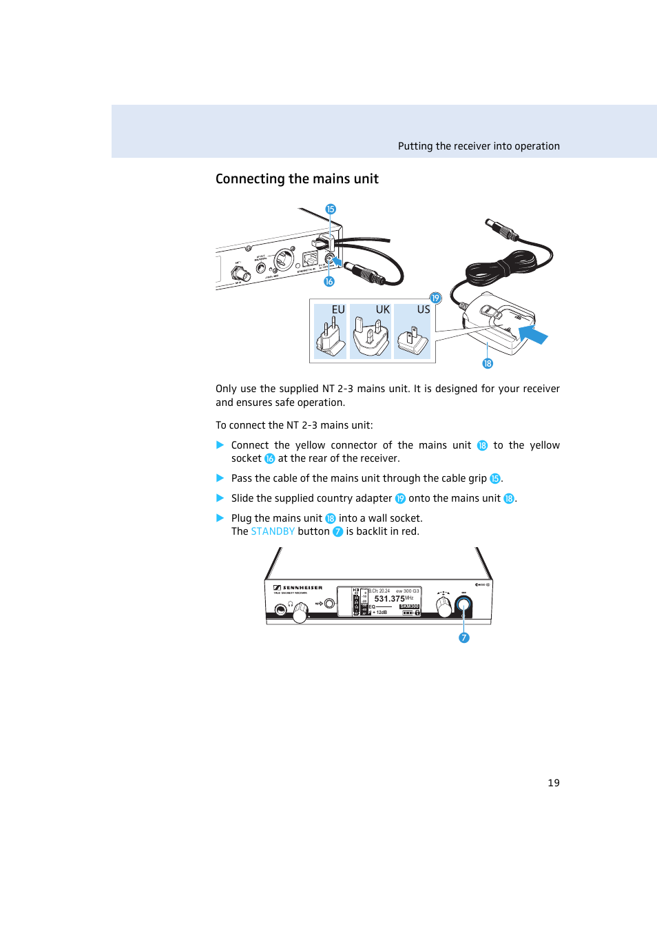 Connecting the mains unit, ƾƻ ƽ ƺ | Sennheiser Rack-mount Receiver EM 300 G3 User Manual | Page 20 / 62