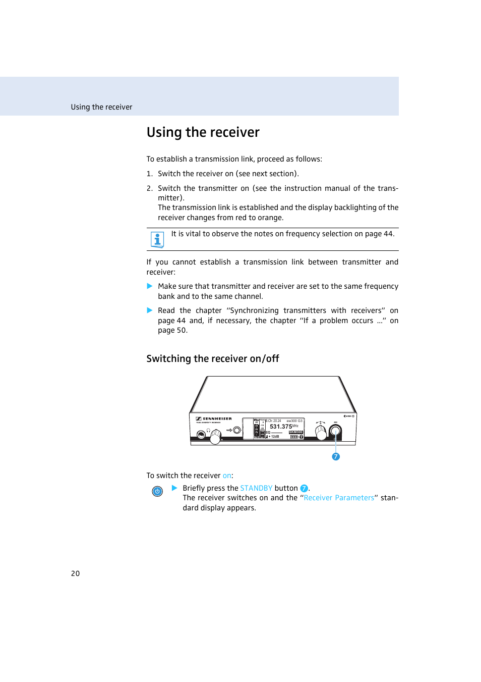 Using the receiver, Switching the receiver on/off | Sennheiser Rack-mount Receiver EM 300 G3 User Manual | Page 21 / 62