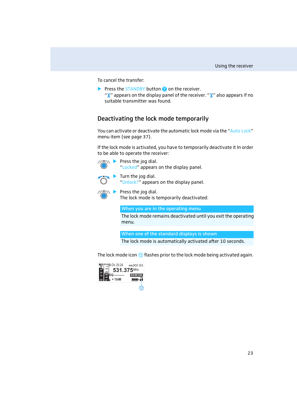 Deactivating the lock mode temporarily | Sennheiser Rack-mount Receiver EM 300 G3 User Manual | Page 24 / 62