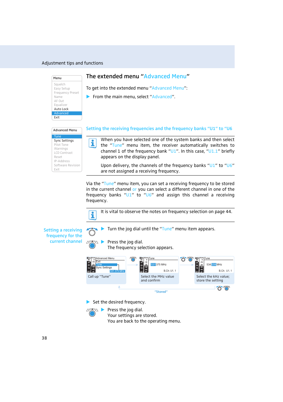 The extended menu “advanced menu, The extended menu “ advanced menu, Adjustment tips and functions 38 | Sennheiser Rack-mount Receiver EM 300 G3 User Manual | Page 39 / 62