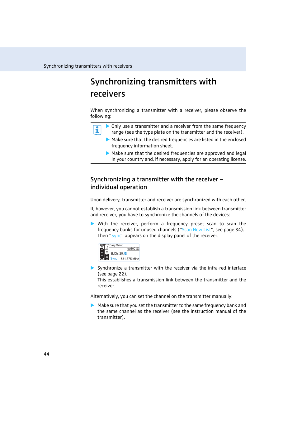 Synchronizing transmitters with receivers | Sennheiser Rack-mount Receiver EM 300 G3 User Manual | Page 45 / 62