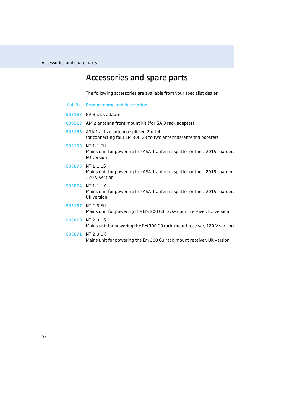 Accessories and spare parts | Sennheiser Rack-mount Receiver EM 300 G3 User Manual | Page 53 / 62