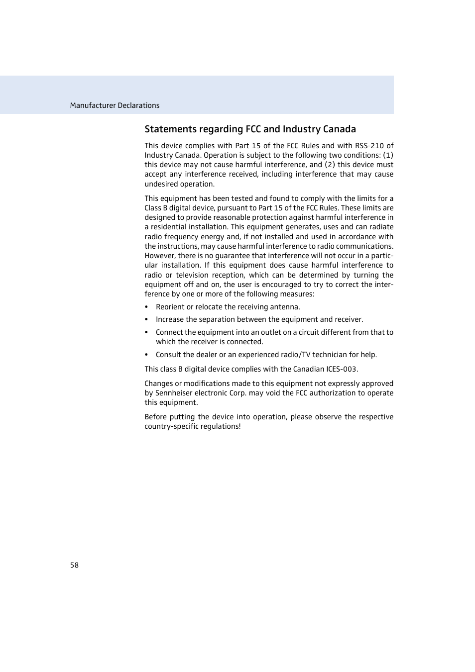 Statements regarding fcc and industry canada | Sennheiser Rack-mount Receiver EM 300 G3 User Manual | Page 59 / 62