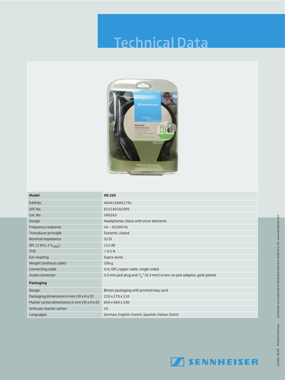 Technical data | Sennheiser HD 205 User Manual | Page 2 / 2