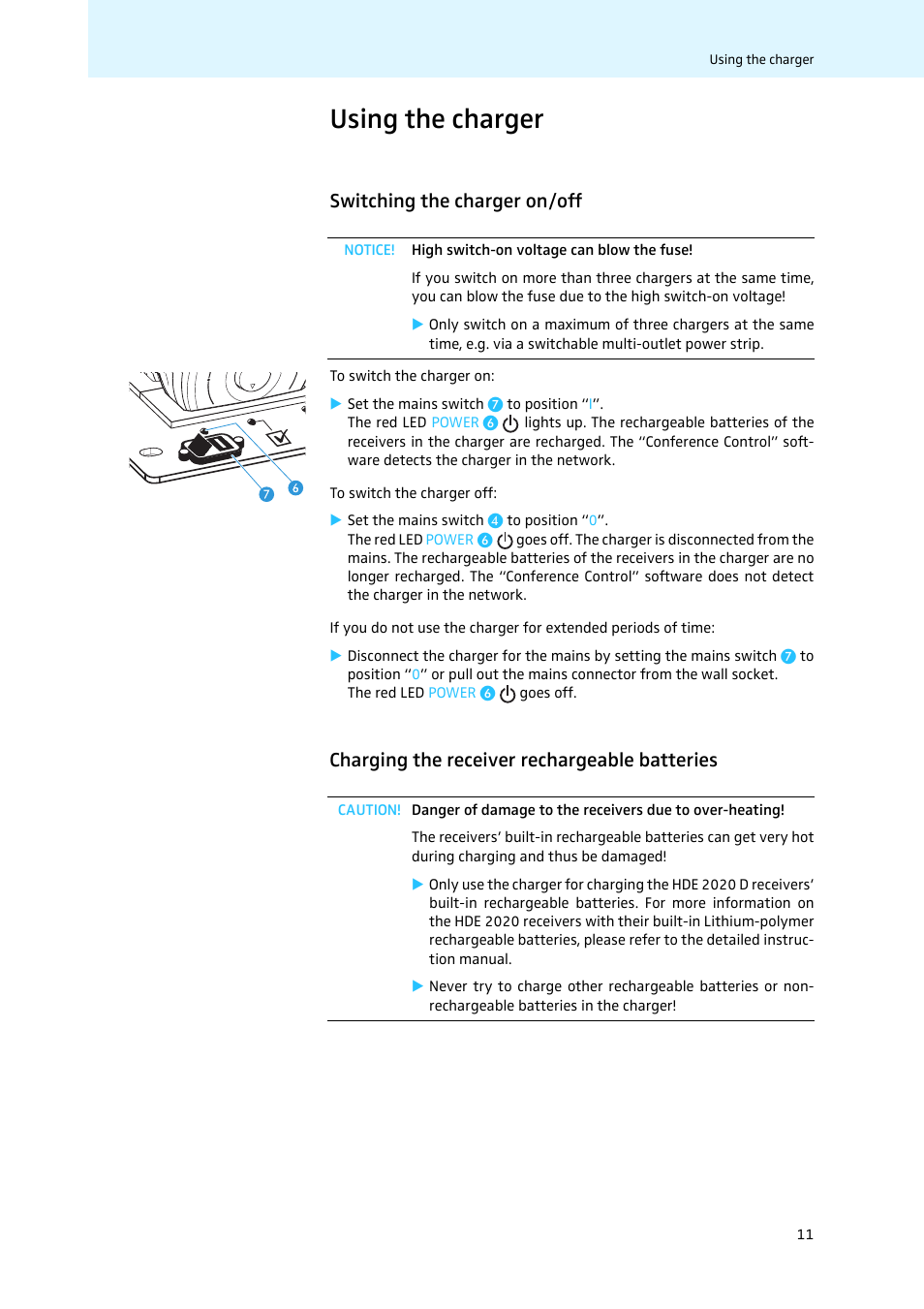 Using the charger, Switching the charger on/off, Charging the receiver rechargeable batteries | Sennheiser Tourguide Charger L 2021-40 User Manual | Page 13 / 18