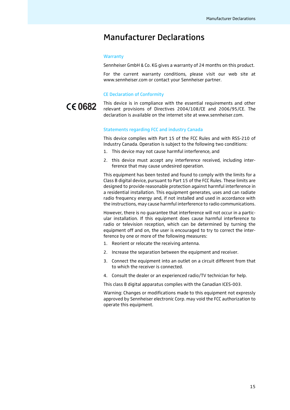 Manufacturer declarations, Warranty, Ce declaration of conformity | Statements regarding fcc and industry canada | Sennheiser Tourguide Charger L 2021-40 User Manual | Page 17 / 18