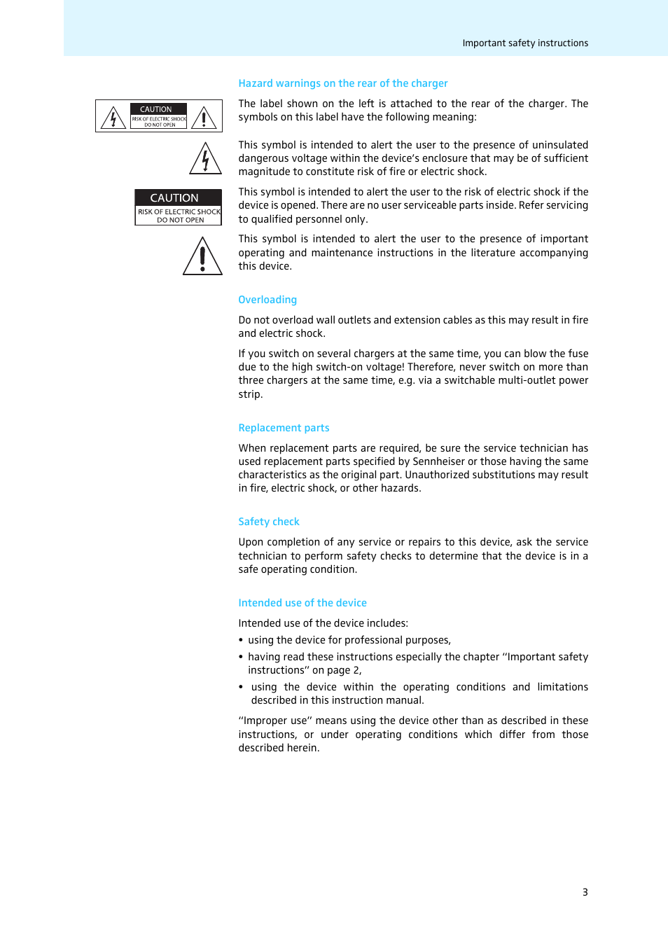Hazard warnings on the rear of the charger, Overloading, Replacement parts | Safety check, Intended use of the device | Sennheiser Tourguide Charger L 2021-40 User Manual | Page 5 / 18